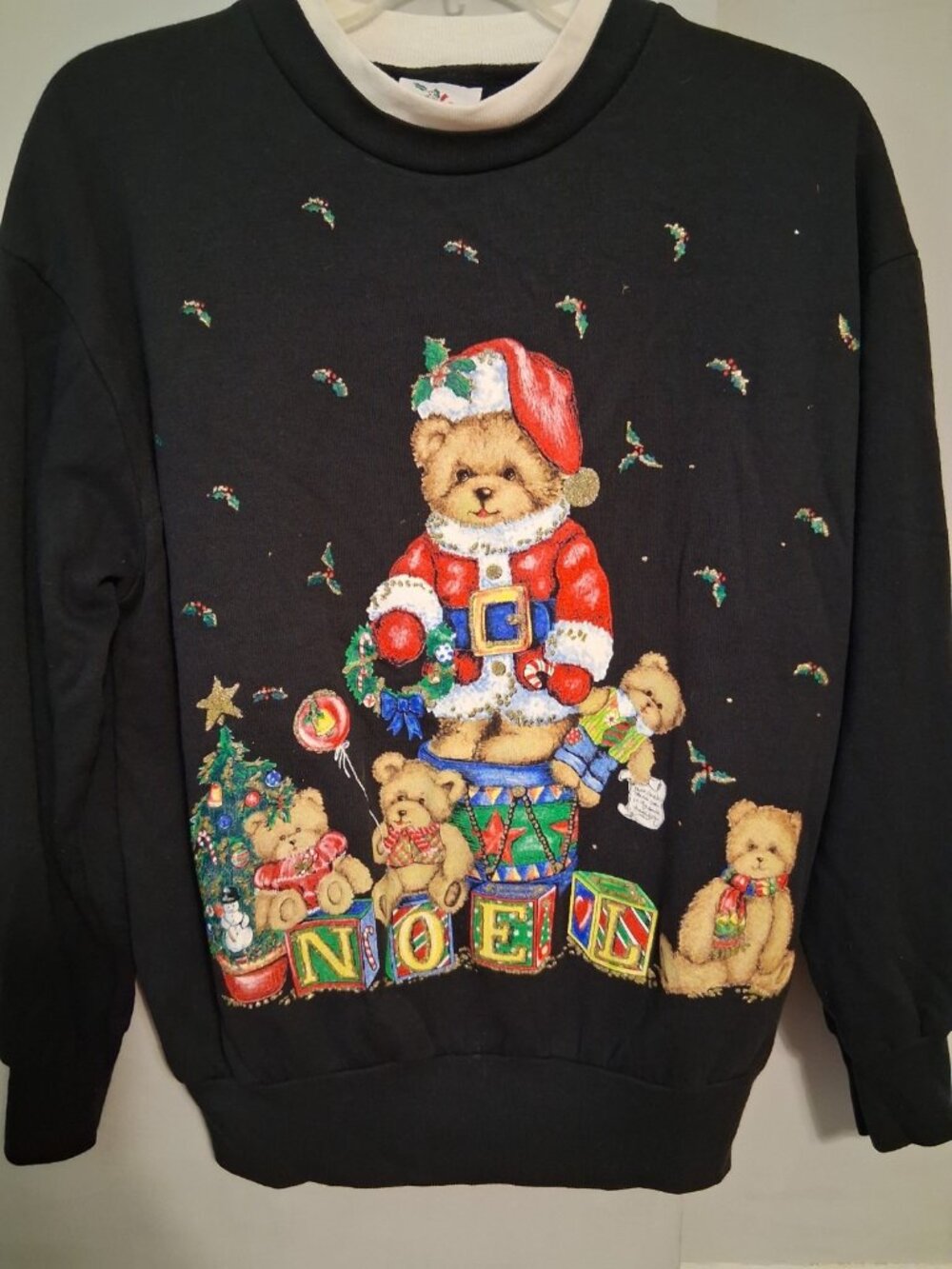 Vtg 90s Nutcracker Christmas Glitter Bears Noel Sweatshirt M Black Grannycore